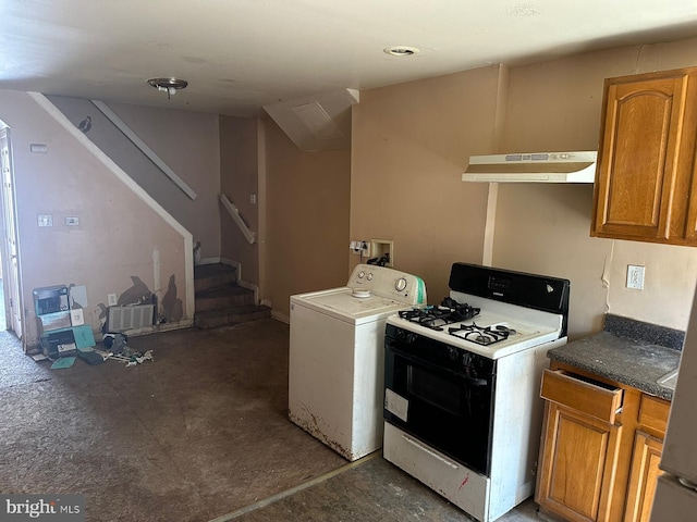 kitchen featuring washer / clothes dryer and white range with gas cooktop