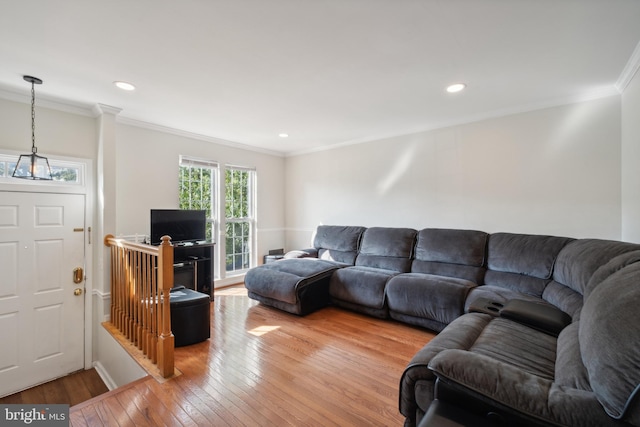 living room featuring wood-type flooring and ornamental molding