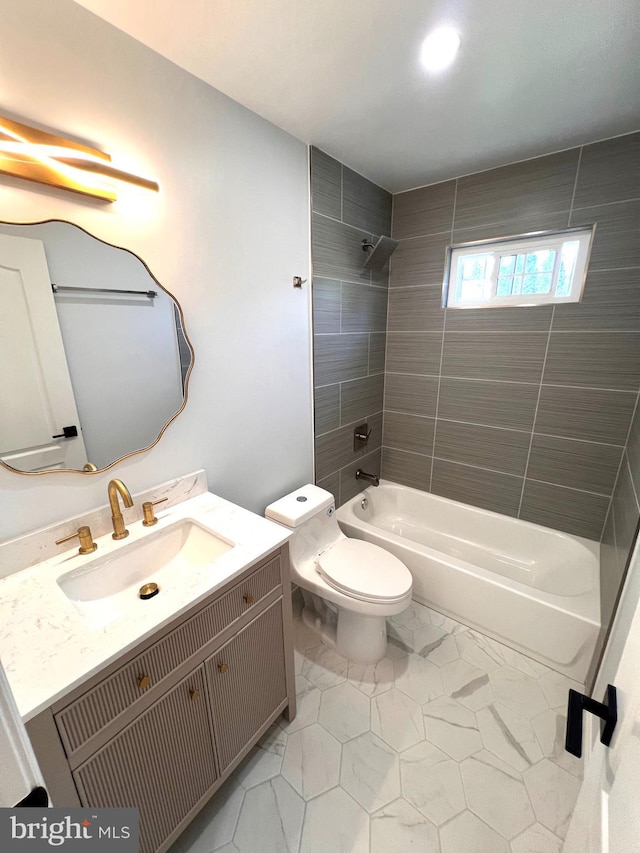 bathroom featuring  shower combination, toilet, and vanity