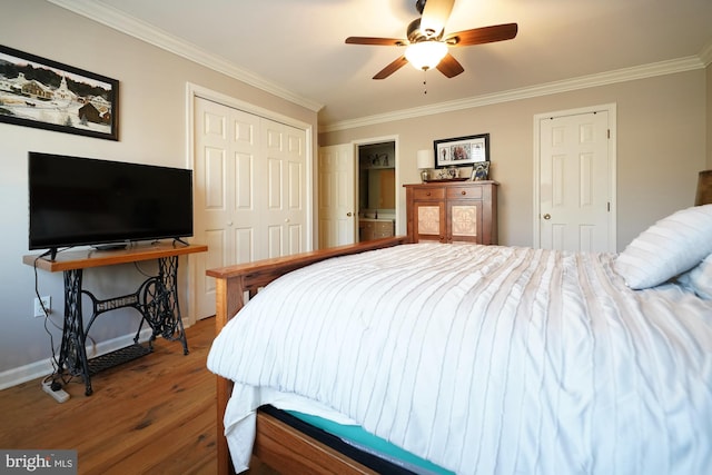 bedroom featuring ceiling fan, ornamental molding, and wood-type flooring