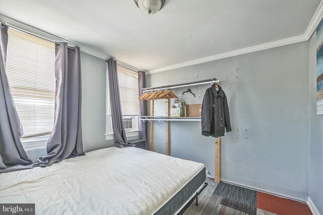 carpeted bedroom featuring ornamental molding