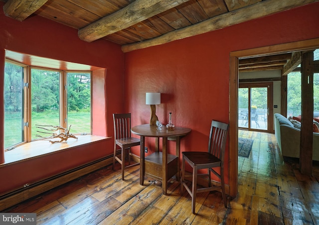 dining room with beamed ceiling, wood ceiling, hardwood / wood-style floors, and a baseboard heating unit