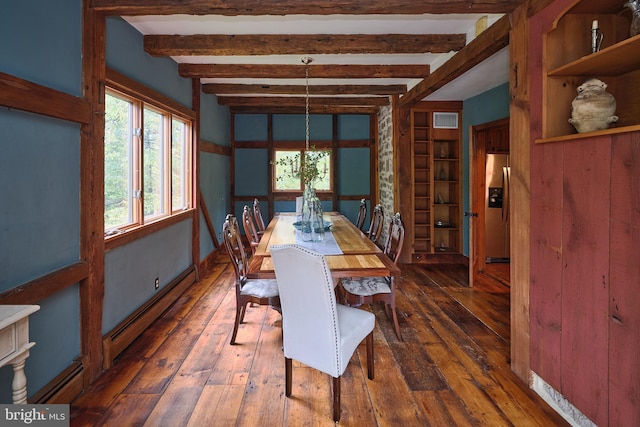 dining area with beamed ceiling, dark hardwood / wood-style floors, and a baseboard heating unit