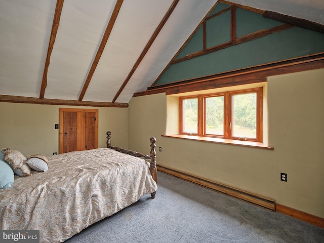 carpeted bedroom with vaulted ceiling with beams and baseboard heating