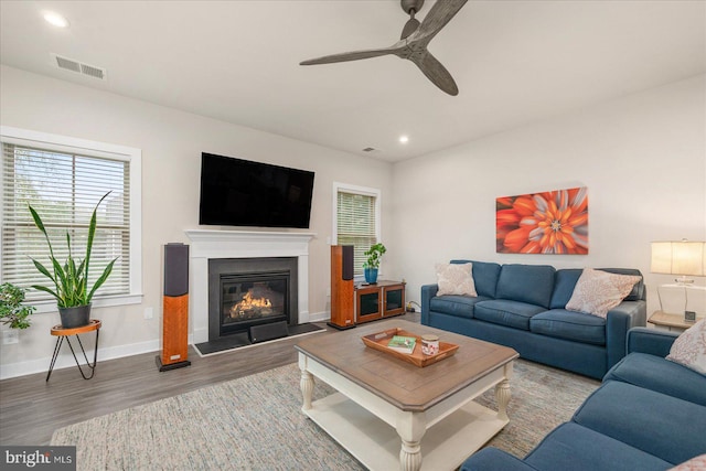 living room with ceiling fan and hardwood / wood-style flooring