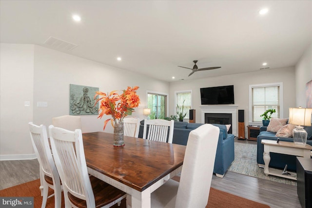 dining space featuring ceiling fan and hardwood / wood-style flooring