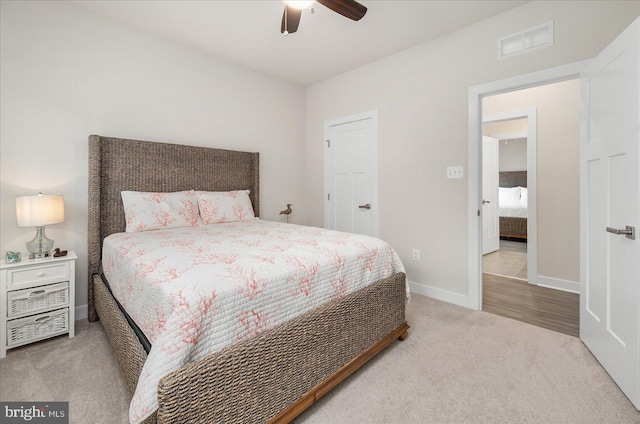 bedroom featuring ceiling fan and carpet flooring