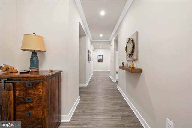 corridor featuring dark hardwood / wood-style flooring