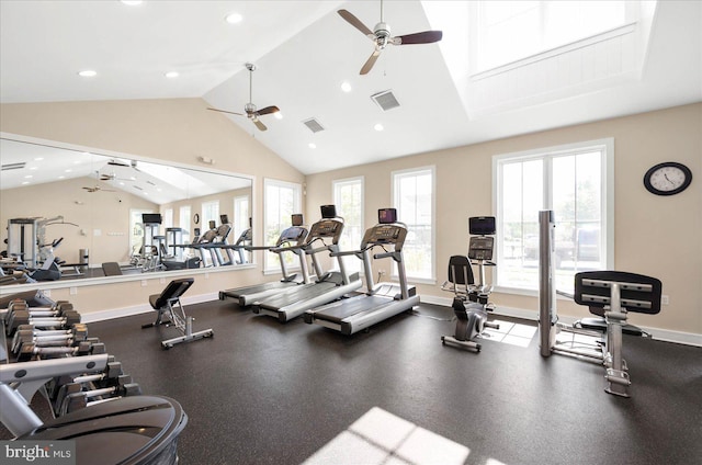 exercise room featuring vaulted ceiling and ceiling fan