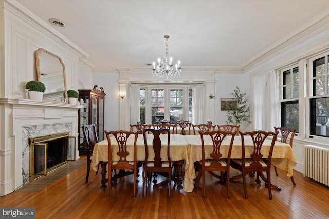 dining room featuring dark wood-type flooring, radiator, a healthy amount of sunlight, and a premium fireplace