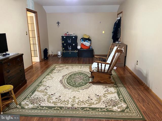 living area with lofted ceiling and dark wood-type flooring