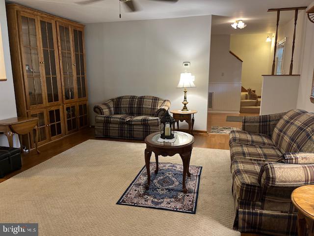 living room with ceiling fan and wood-type flooring