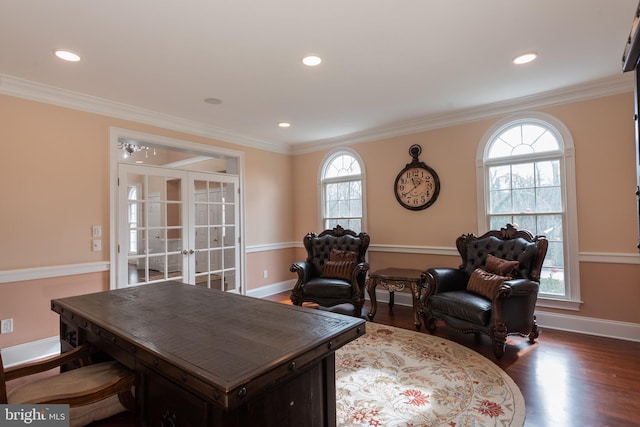 home office featuring crown molding, french doors, and dark hardwood / wood-style floors