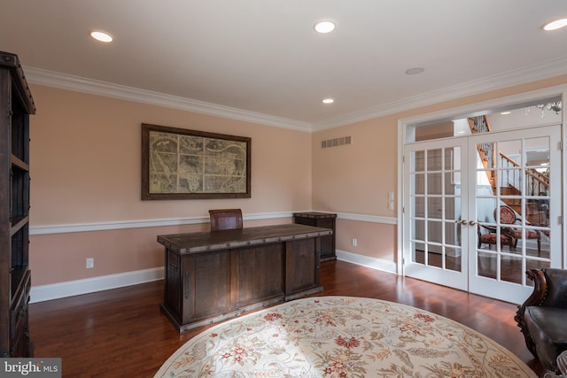 office area with french doors, dark hardwood / wood-style floors, and crown molding