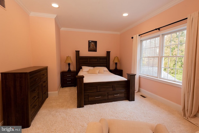 bedroom featuring light carpet and ornamental molding