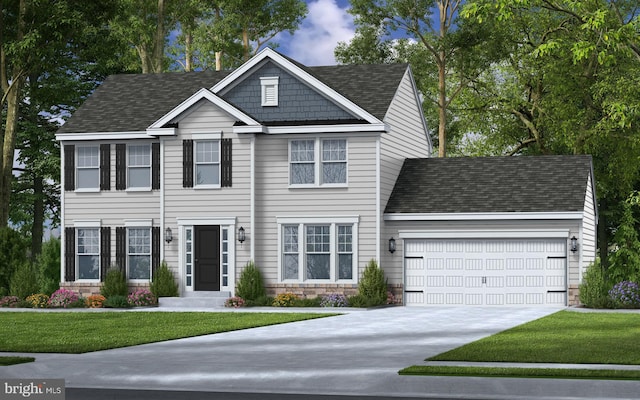 view of front facade with a garage and a front lawn