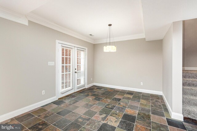 empty room with french doors and crown molding