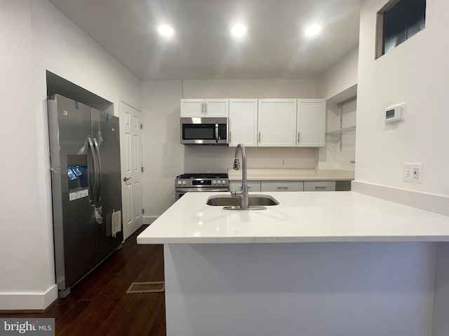 kitchen with dark hardwood / wood-style floors, sink, white cabinetry, kitchen peninsula, and stainless steel appliances