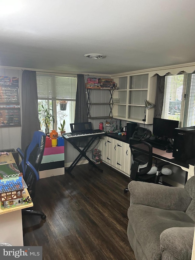 home office featuring ornamental molding, dark wood-type flooring, and a wealth of natural light