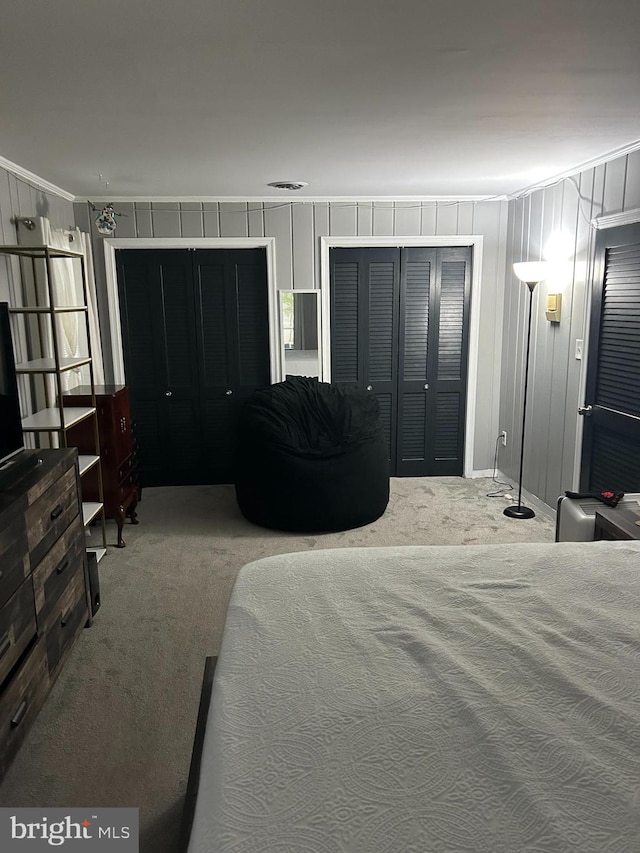 carpeted bedroom with two closets and ornamental molding