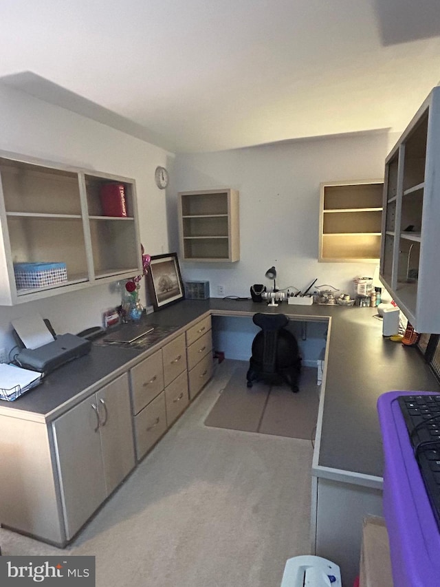 carpeted home office with built in desk