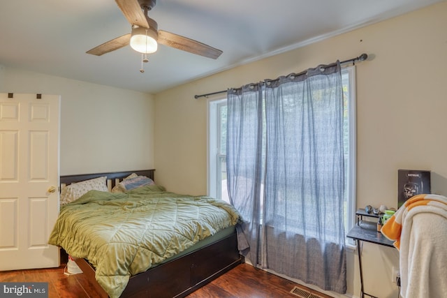 bedroom with multiple windows, dark hardwood / wood-style flooring, and ceiling fan