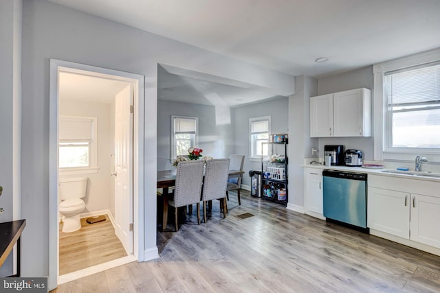 kitchen featuring light wood-type flooring, white cabinets, sink, and stainless steel dishwasher