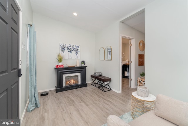 living room featuring light wood-type flooring and vaulted ceiling