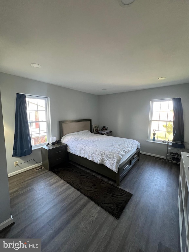 bedroom with multiple windows and dark hardwood / wood-style floors