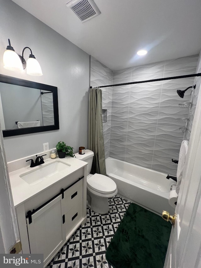 full bathroom with vanity, toilet, and shower / bathtub combination with curtain