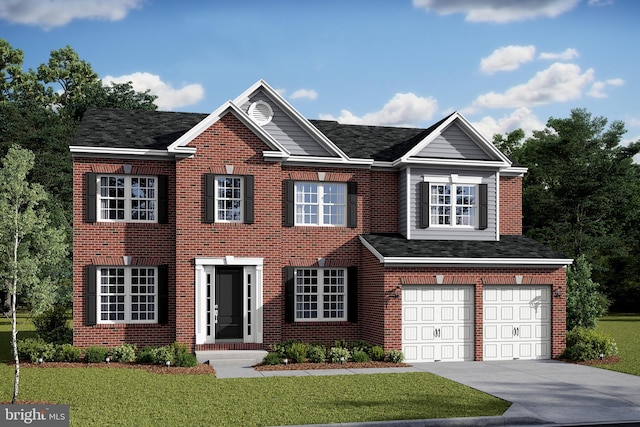 view of front facade with a front yard and a garage