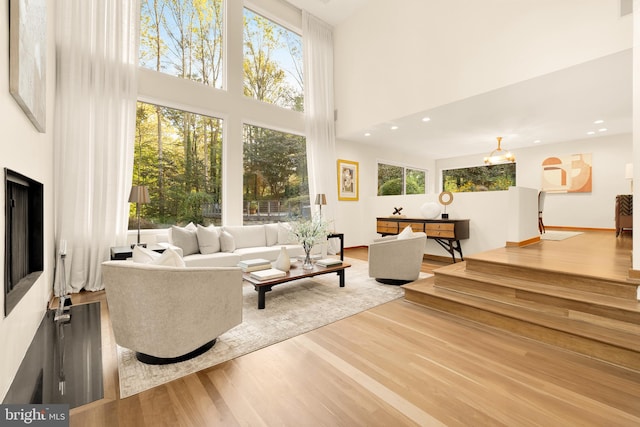 living room with a towering ceiling, hardwood / wood-style flooring, and a wealth of natural light