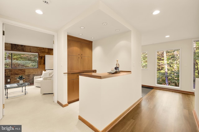 interior space with light hardwood / wood-style flooring and kitchen peninsula