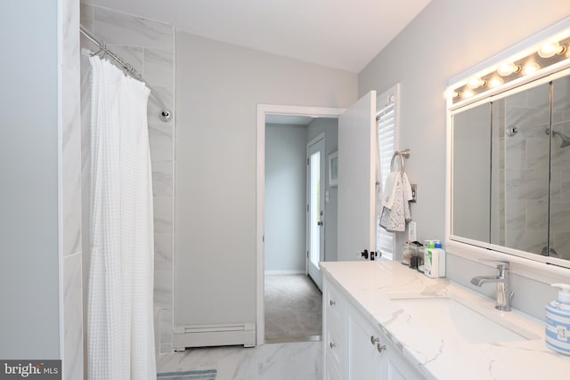 bathroom featuring vanity, a baseboard heating unit, and a shower with shower curtain