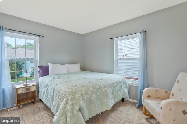 carpeted bedroom featuring multiple windows