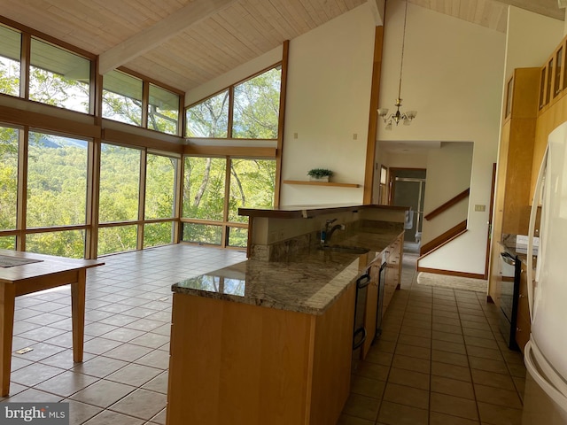 kitchen featuring high vaulted ceiling, beam ceiling, plenty of natural light, and sink