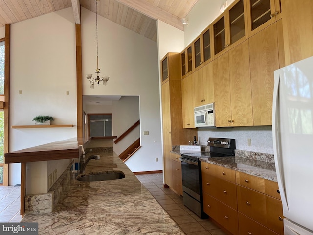 kitchen with wood ceiling, sink, white appliances, decorative light fixtures, and high vaulted ceiling