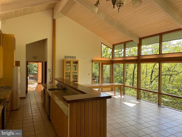 kitchen featuring a wealth of natural light, white refrigerator, and high vaulted ceiling