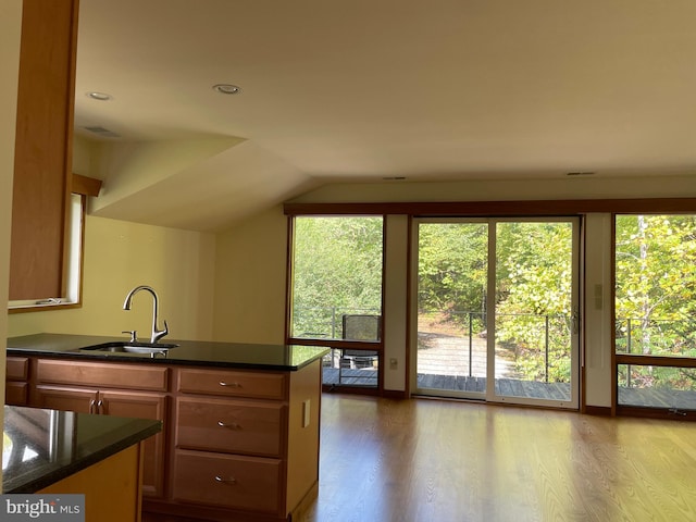 kitchen featuring light wood-type flooring, sink, and lofted ceiling