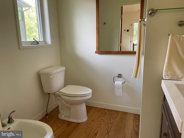 bathroom with vanity, a bidet, toilet, and hardwood / wood-style floors