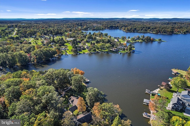 drone / aerial view featuring a water view and a forest view