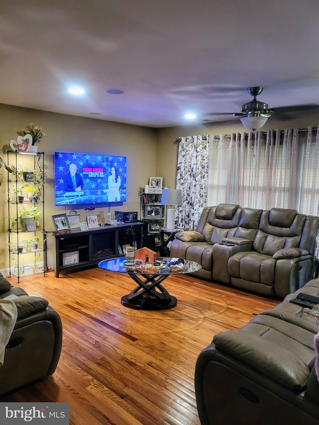 living room with ceiling fan, plenty of natural light, and hardwood / wood-style floors