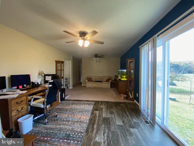 home office featuring dark hardwood / wood-style floors and ceiling fan