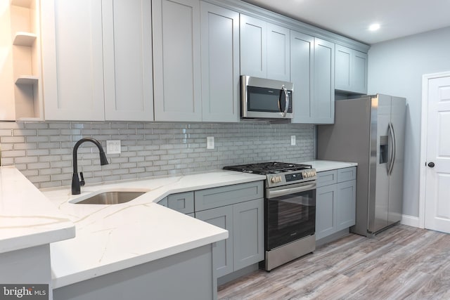 kitchen with gray cabinetry, backsplash, sink, appliances with stainless steel finishes, and light stone counters