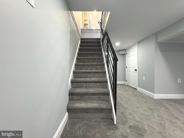 staircase featuring carpet flooring