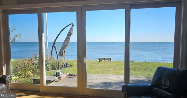 entryway with a water view, a wealth of natural light, and hardwood / wood-style flooring