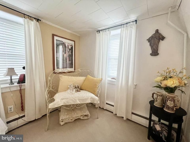 sitting room featuring light carpet, baseboard heating, and ornamental molding