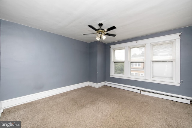 spare room with carpet floors, baseboard heating, and ceiling fan