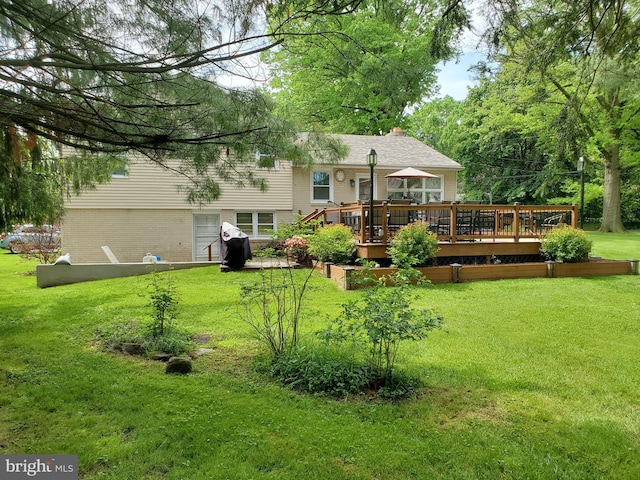 back of house featuring a lawn and a wooden deck