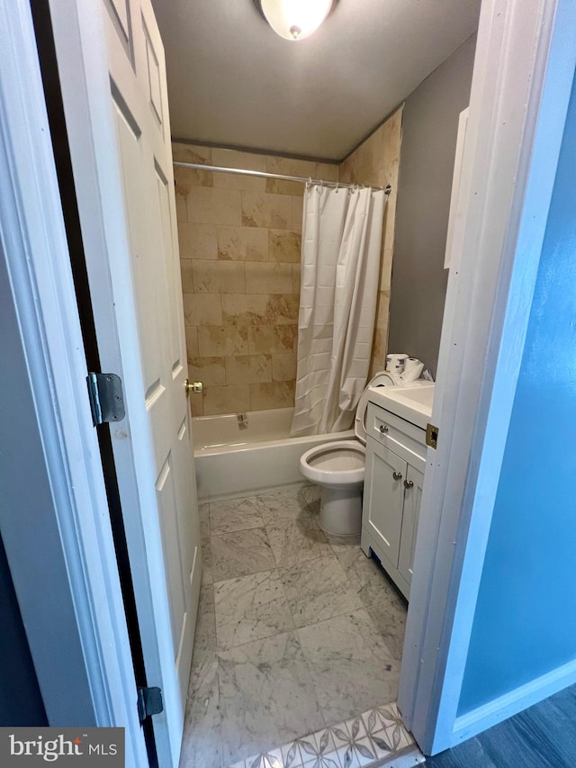 full bathroom with vanity, toilet, and shower / bathtub combination with curtain